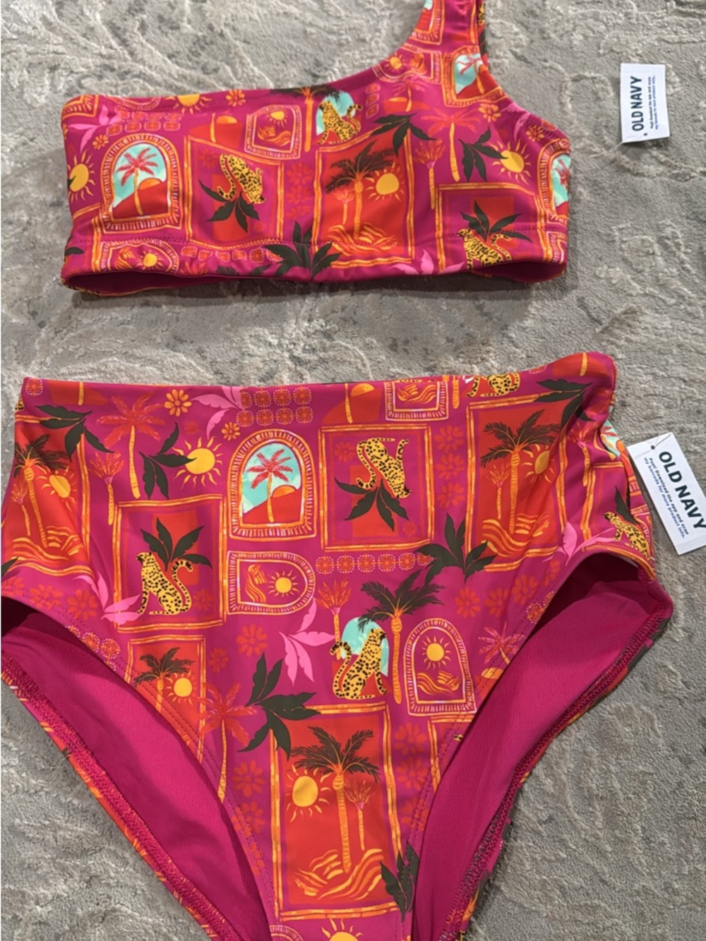 Old Navy Pink and Orange Tropical Print One-Shoulder Bikini